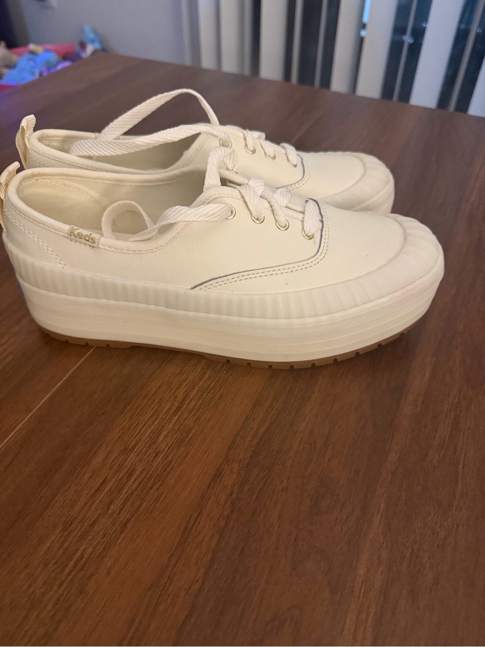 Keds White/cream color Platform Lace-Up Sneakers with Ribbed Sole
